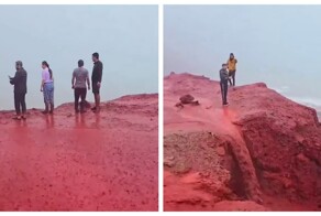 Ливень на Красном пляже на острове Ормуз