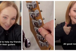 Девушка решила помочь гитаристам навести порядок с их инструментами