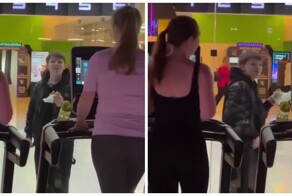 Школьник дразнит девушек на беговых дорожках