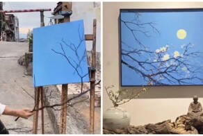 Художник создает картины при помощи веток 