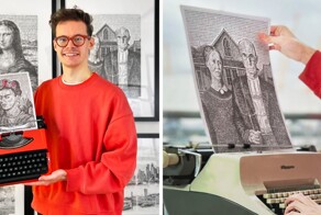 Художник создает картины с помощью пишущих машинок