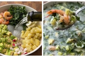 Окрошка с креветками, вином и айраном