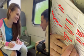 Девушка прямо в электричке заполняет за мигранта документы для постановки на учёт