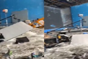 Огромный резервуар с водой лопнул и затопил съёмочную площадку в Индии