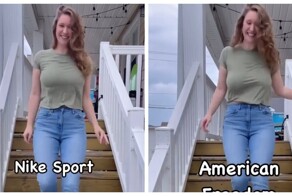 Девушка проверила посадку  разных бюстгальтеров, спустившись по лестнице