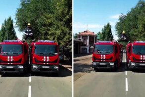 Пожарный из Уральска повторил трюк Ван Дамма между двумя машинами