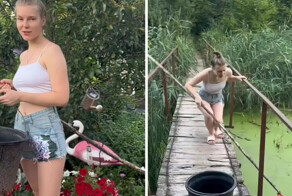 Девушка отправилась на речку, чтобы собрать ряску для домашней птицы