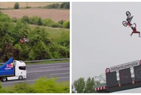 Мотогонщик сделал заднее сальто между двумя движущимися грузовиками