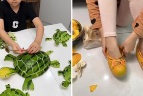 Эта талантливая девчушка мастерит фигурки животных из фруктов, овощей и других продуктов