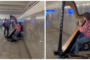 Арфистка в подземном переходе