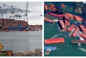 Контейнеры упали с грузового судна во время разгрузки
