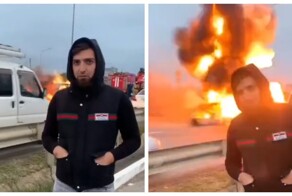 Машина взорвалась прямо за спиной у парня, который решил снять видос