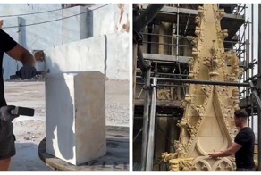 Молодой каменщик из нового поколения мастеров сохраняет традиции европейского зодчества