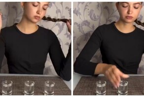 Девушка пытается выпить три рюмки и не сморщиться