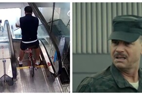 Попытка китайца спуститься на велосипеде по эскалатору