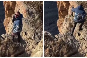 Забавная реакция девушки на падение в пропасть её парня