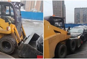 Водитель спецтехники затаранил припаркованный автомобиль