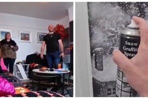 Парень рисует сказочные картины искусственным снегом на окнах