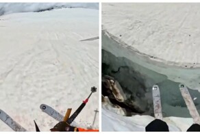 Лыжник едва не упал в ледниковую трещину