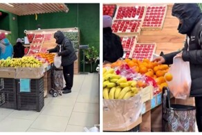 Мужчина крадёт апельсины в магазине