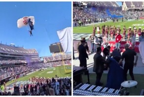 Падение парашютиста на стадион в США попало на видео