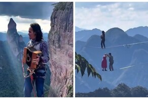 Экстремал музицирует в сотнях метров над землей