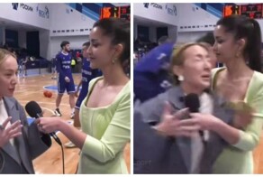 Баскетболист случайно врезался в девушек во время интервью