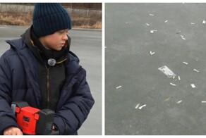 На льду водоёма нашли сотни окурков