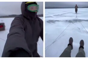 Парни прокатились на диване по замерзшему озеру