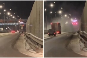 Самосвал с поднятым кузовом снёс надземный пешеходный переход на трассе М4