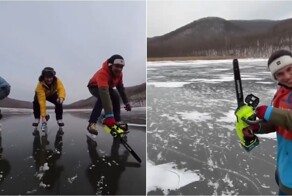 Экстремальный каток: во Владивостоке мужчины пилили лёд болгаркой на ходу