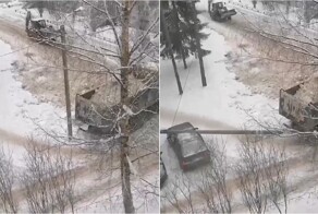 «Аккуратная» уборка снега: самосвал со снегом уронил столб на легковушку