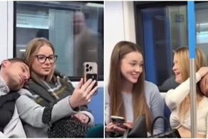 Реакция девушек на парня, спящего на их плече