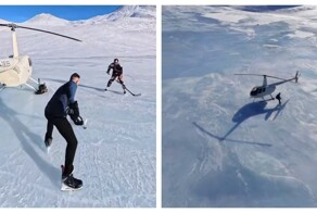 Парни посадили вертолет на замерзшую реку на Алтае и сыграли в хоккей