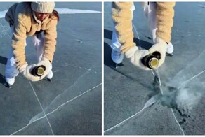 Девушка вылила кипяток на лёд на озере