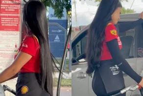 На заправке: эффектная сотрудница привлекает внимание клиентов