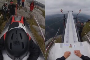 Мужчина совершил прыжок с катапульты над норвежскими фьордами