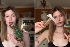 Девушка завела хамелеона и сделала необычный обзор на питомца