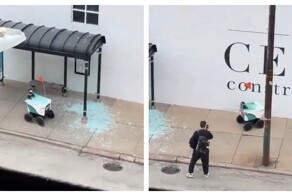 Робот-доставщик протаранил автобусную остановку