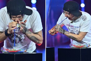 Парень за минуту засунул 10 сдутых воздушных шариков в нос, вытащив их через рот