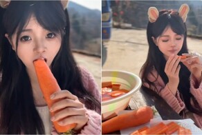 Китаянка вырезает скульптуры из морковки зубами
