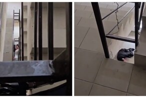 Неожиданный прыжок наркомана в подъезде