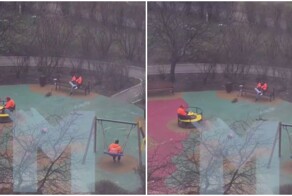 Коммунальщики катаются на качелях и карусели