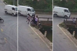 Во Вьетнаме мотоциклист чудом спасся, прыгнув с падающего байка