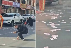 В китайском городе дорога оказалась усыпанной деньгами