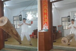 Мужчина тренирует «стальные яйца», получая удары бревном весом 40 кг