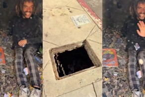 В Голливуде бездомный мужчина обосновался в дыре на тротуаре