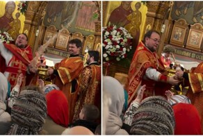 Священник окатил людей святой водой прямо из кубка