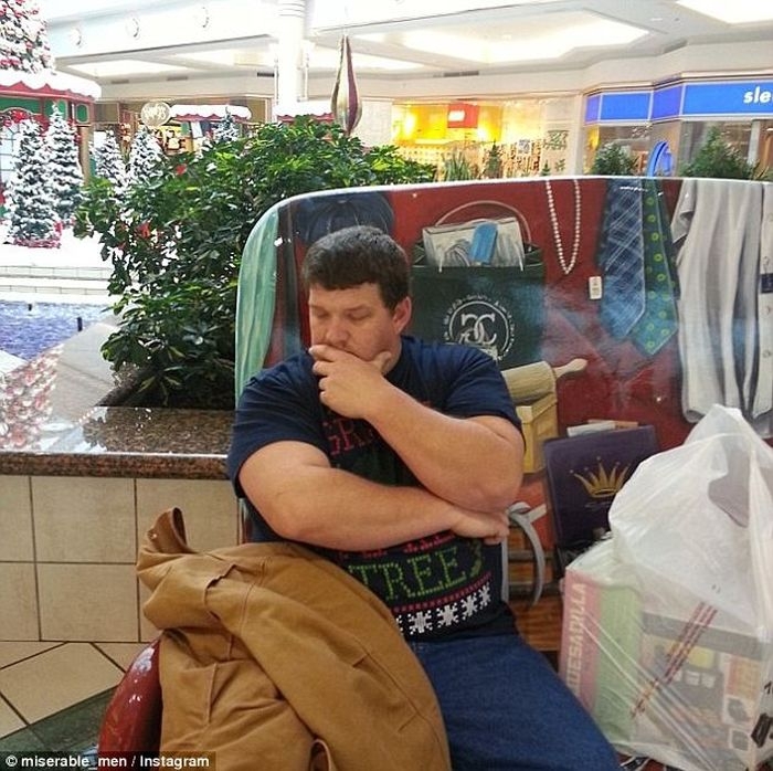 Photos of tired men in shopping centers