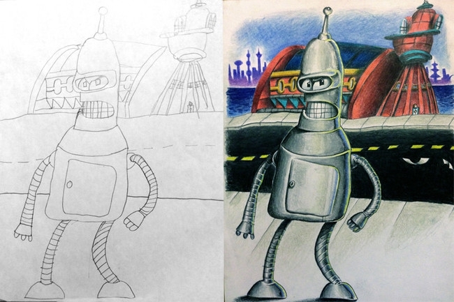 Loving Dad Takes His Kids&#039; Drawings And Colors Them In During Business